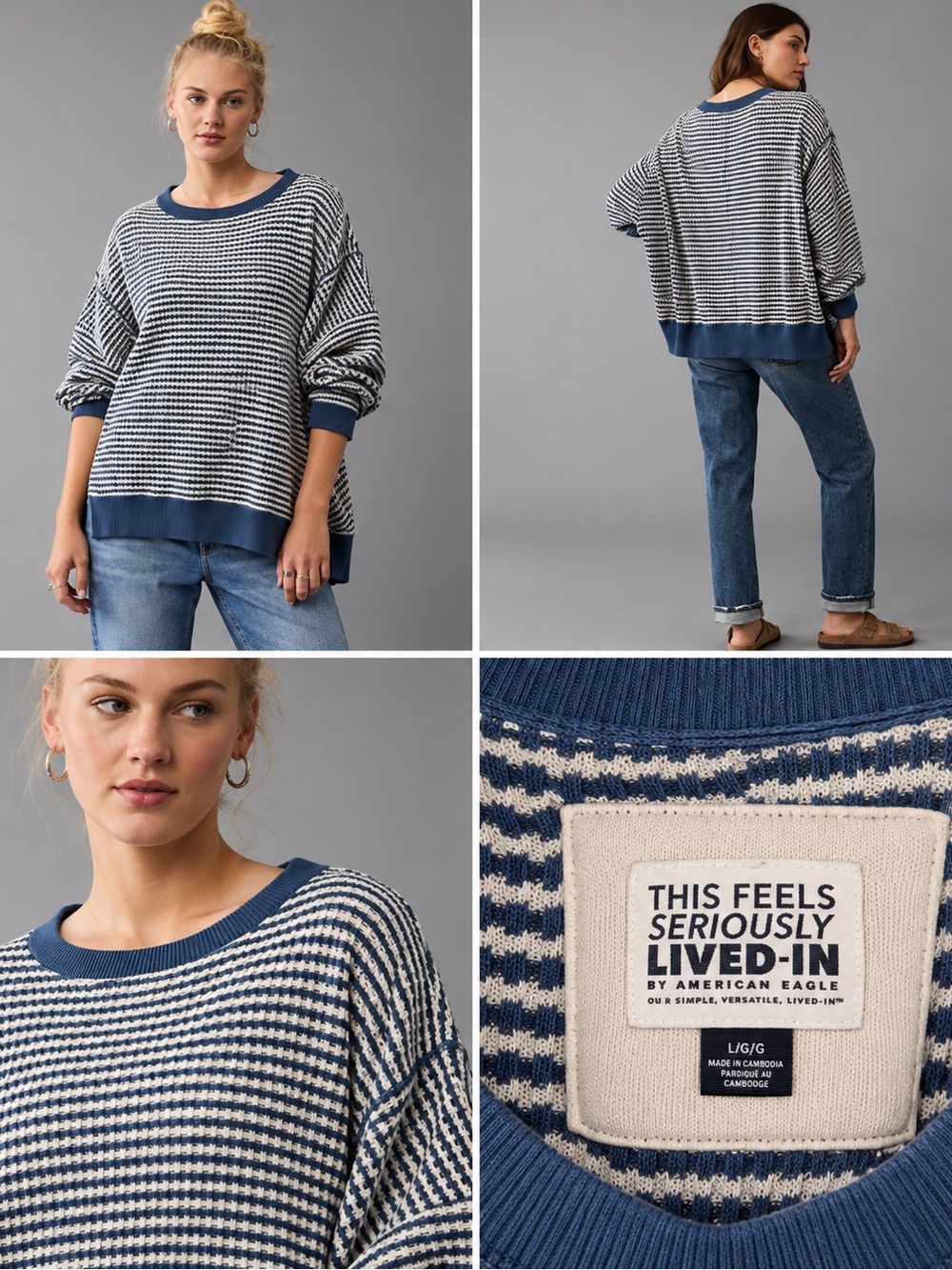 American Eagle Big Hug Waffle Sweatshirt Womens L Blue White Stripe Oversized